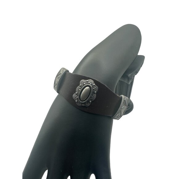 Handcrafted Leather Bracelet With Ornate Metal Accents & Snap Closure - Picture 2 of 7